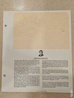 RARE COLLECTIBLE USPS 1ST DAY ISSUE COMMEMORATIVE CARDCOVER JOHN MCCORMACK